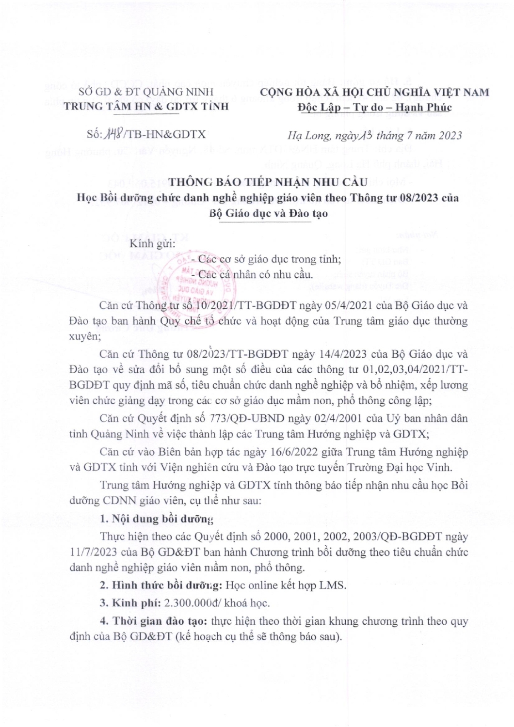 148 Thông báo tiếp nhận nhu cầu học bồi dưỡng chức danh nghề nghiệp page 0001